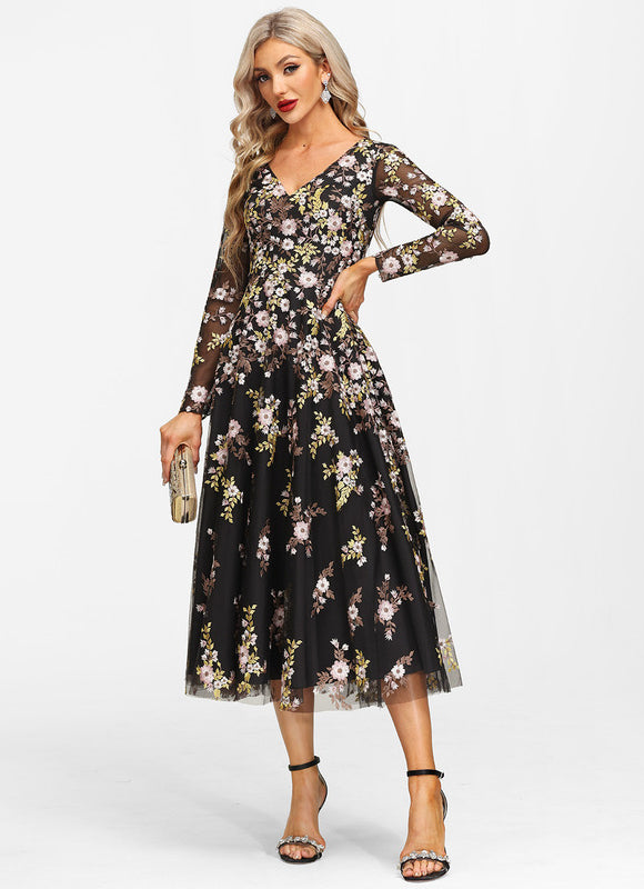 Robe Midi Élegante Noir Floral - gallery 2